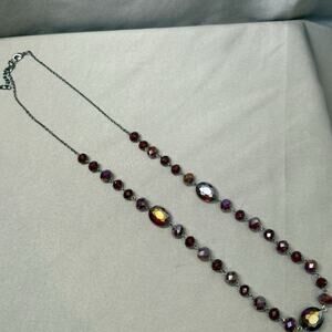 Vintage Crystal Aurora Borealis Ruby Red One Strand Bead Necklace On Metal Chain